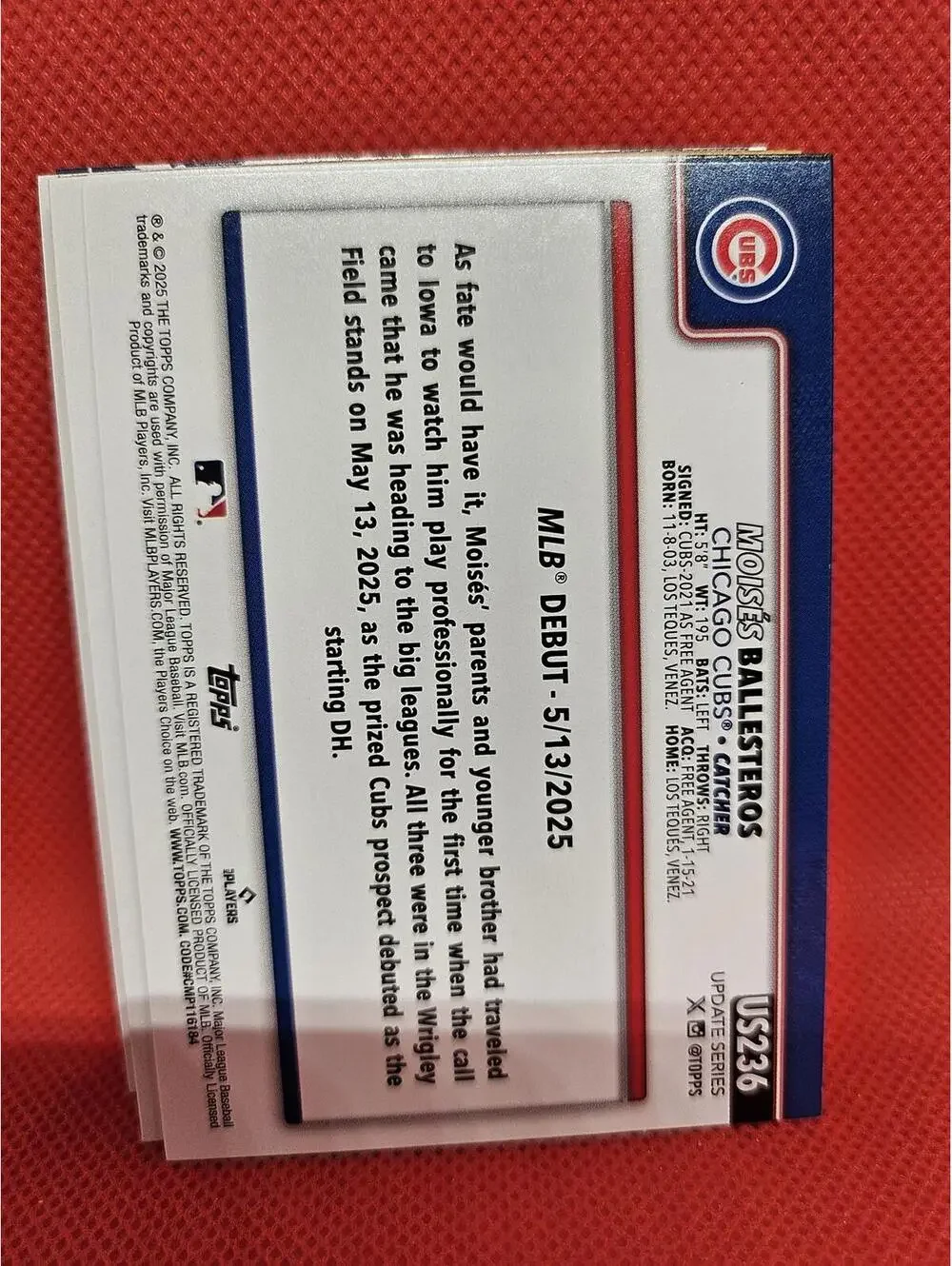 Moises Ballesteros (RC) -2025 Topps update Rookie Card - #US236 -Cubs -RAW Mint